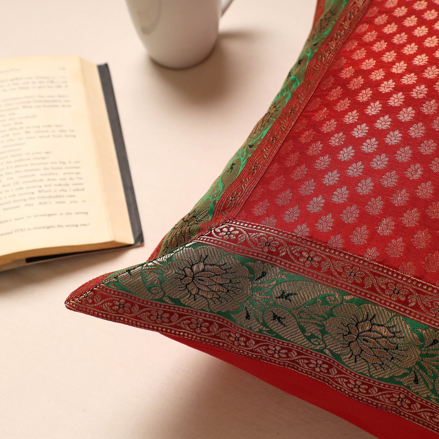 Red Traditional Pure Banarasi Silk Handwoven Zari Cushion Cover