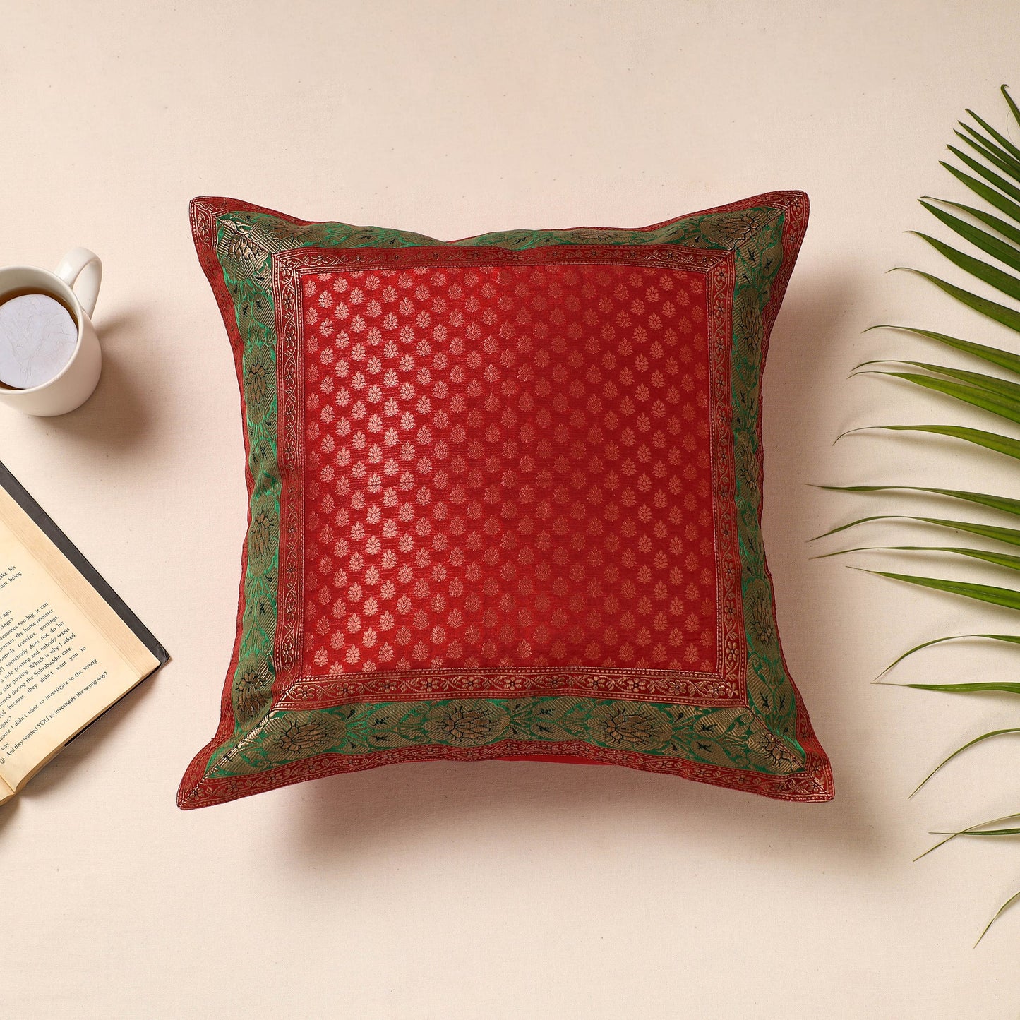 Red Traditional Pure Banarasi Silk Handwoven Zari Cushion Cover