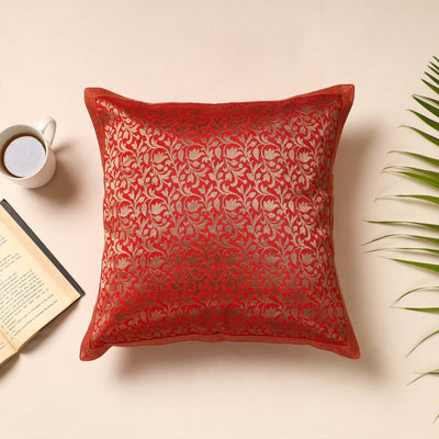 Red Traditional Pure Banarasi Silk Handwoven Zari Cushion Cover