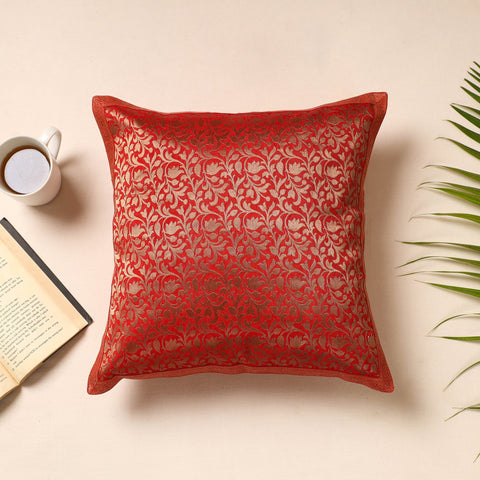 Red Traditional Pure Banarasi Silk Handwoven Zari Cushion Cover