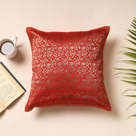 Red Traditional Pure Banarasi Silk Handwoven Zari Cushion Cover