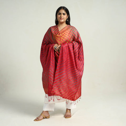 Red Traditional Tie & Dye Tussar Silk Leheriya Dupatta