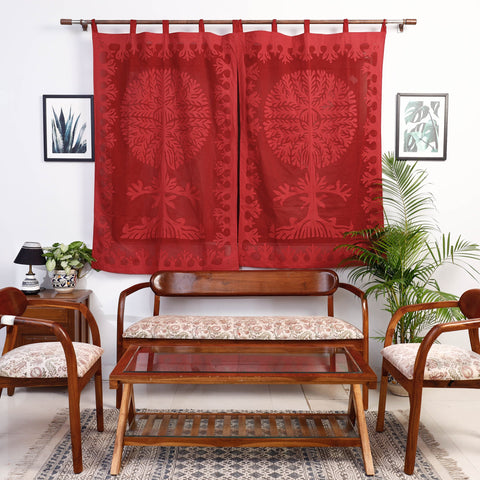 Red Tree Cutwork Cotton Barmer Applique Window Curtain