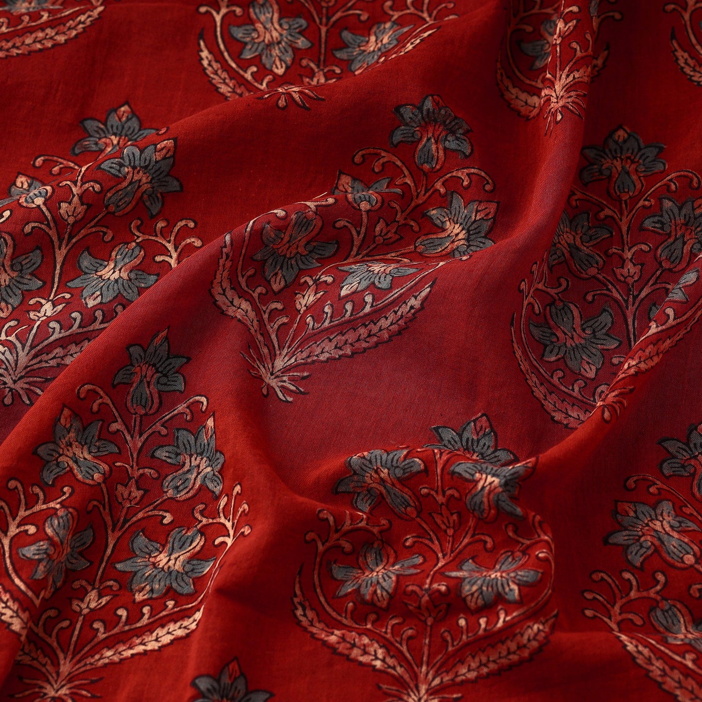Red with Tropical Flower Block Print Mul Cotton Ajrakh Fabric