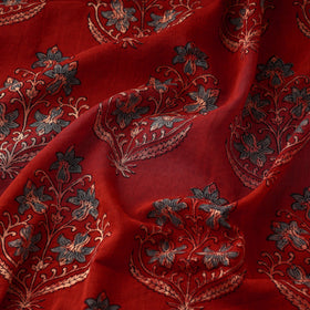 Red with Tropical Flower Block Print Mul Cotton Ajrakh Fabric