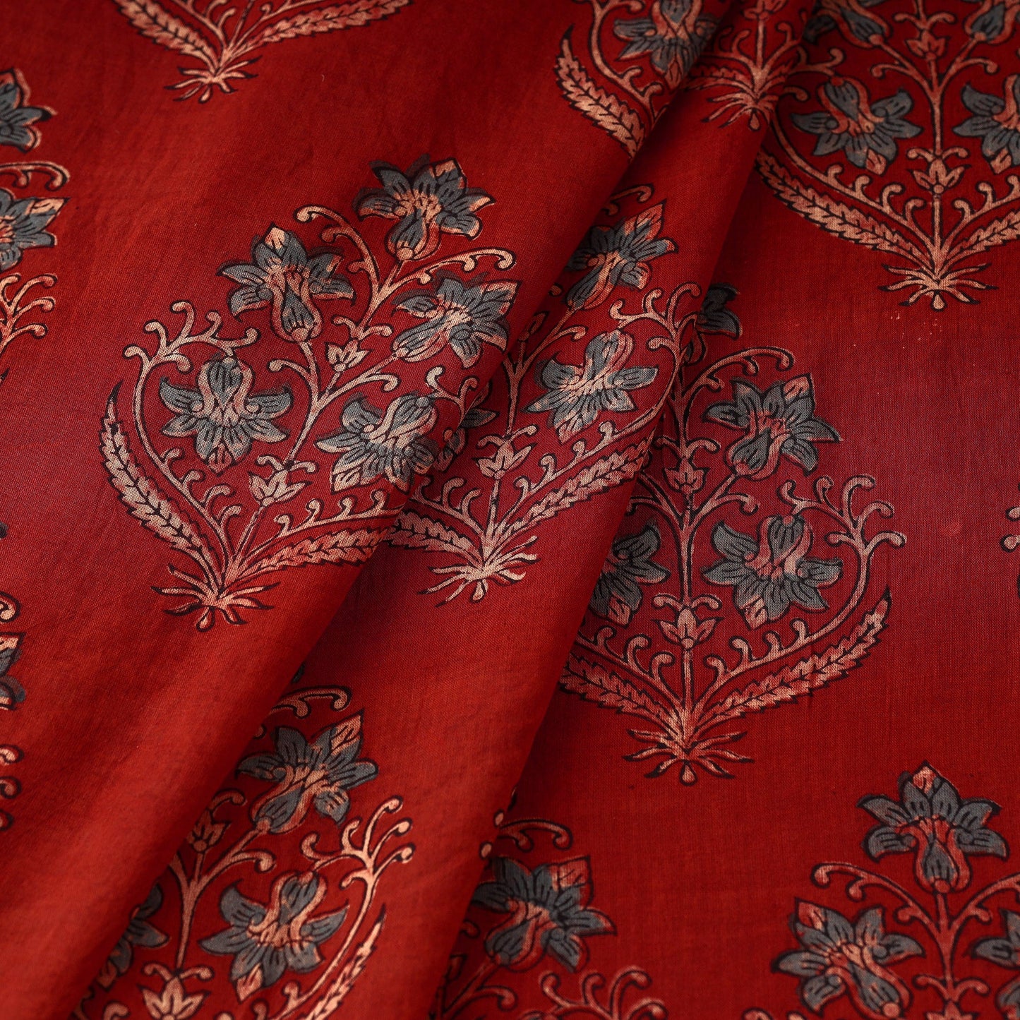 Red with Tropical Flower Block Print Mul Cotton Ajrakh Fabric