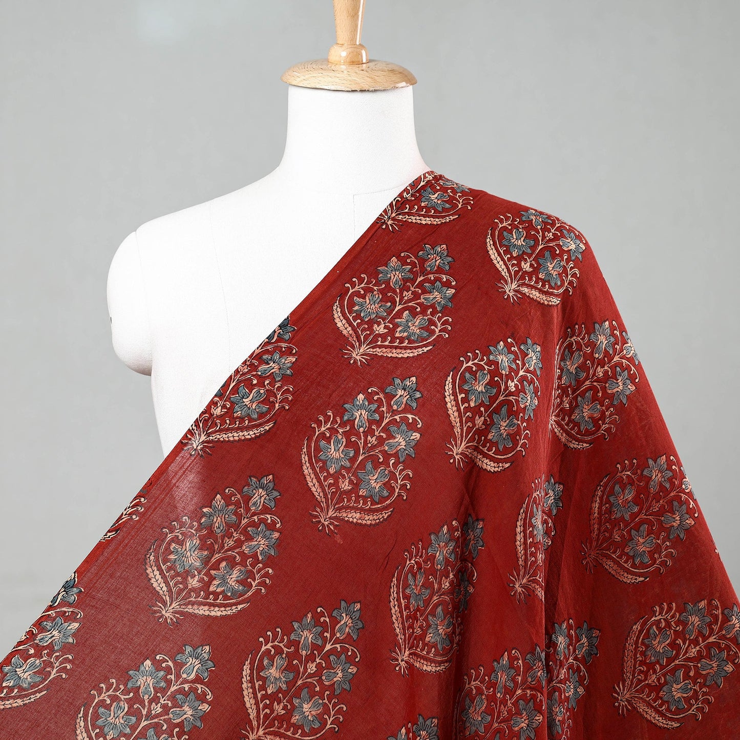 Red with Tropical Flower Block Print Mul Cotton Ajrakh Fabric