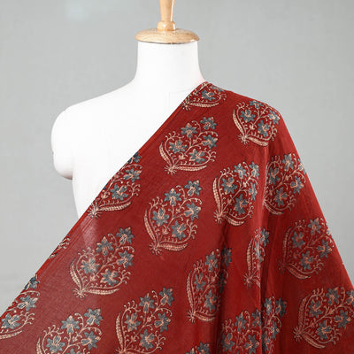 Red with Tropical Flower Block Print Mul Cotton Ajrakh Fabric