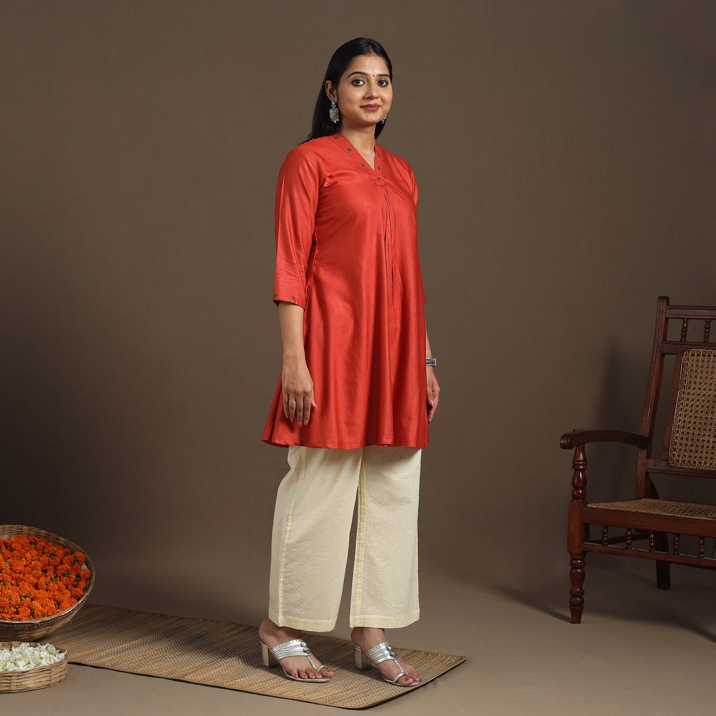 Red - tussar silk cotton kurta with fine hand embroidery 02