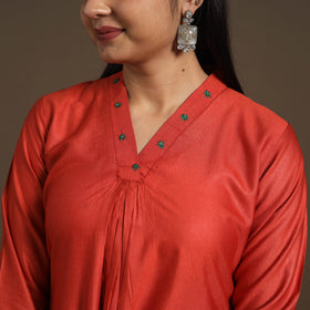 Red - tussar silk cotton kurta with fine hand embroidery 02