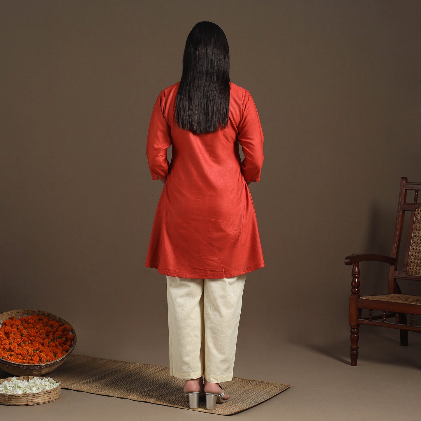 Red - tussar silk cotton kurta with fine hand embroidery 02