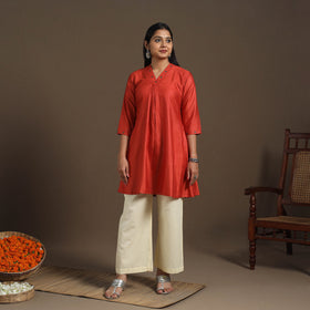 Red - tussar silk cotton kurta with fine hand embroidery 02