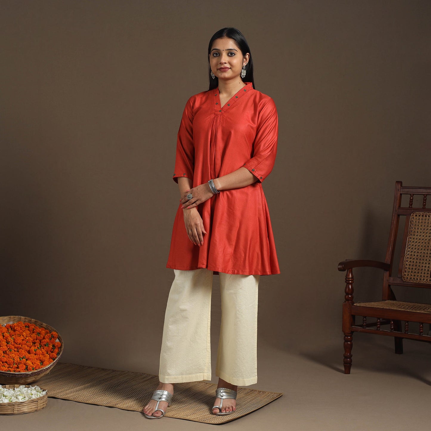 Red - tussar silk cotton kurta with fine hand embroidery 02