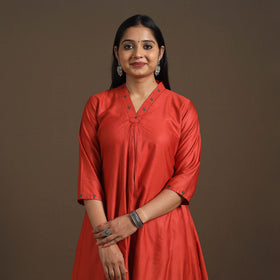 Red - tussar silk cotton kurta with fine hand embroidery 02