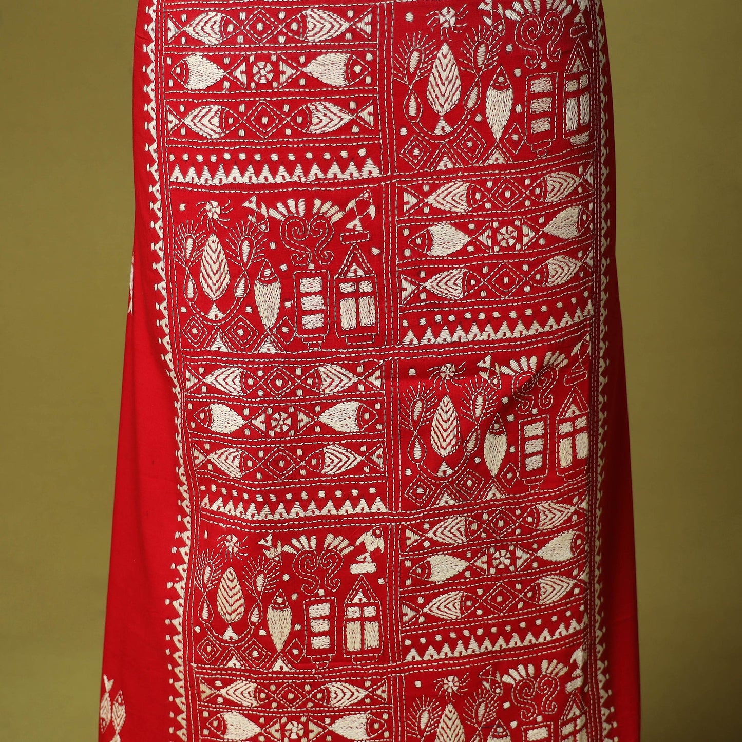 Red - unstitched cotton bengal kantha handwork kurta
