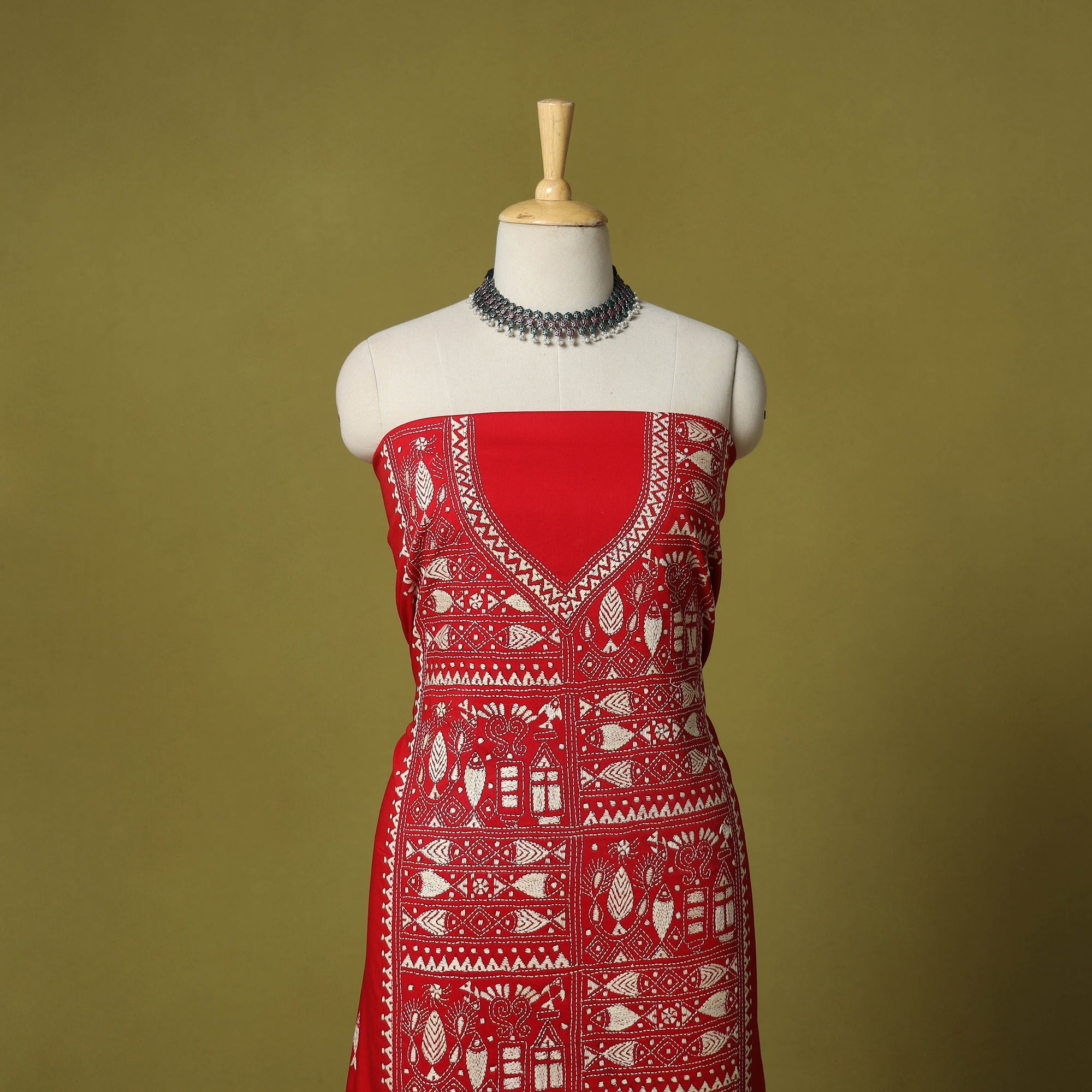 Red Unstitched Cotton Bengal Kantha Handwork Kurta Material