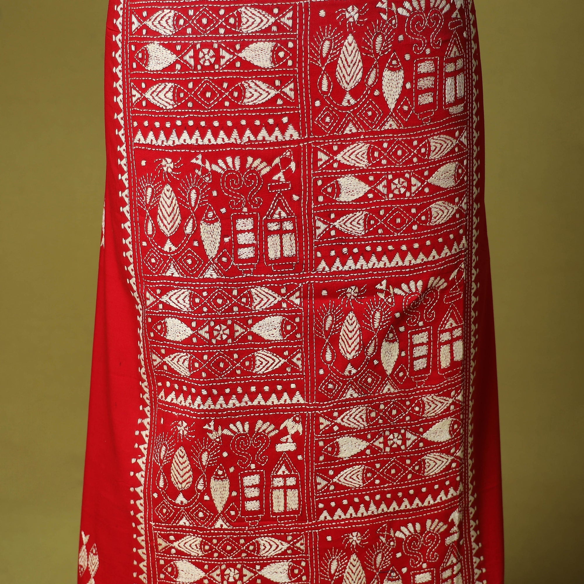 Red Unstitched Cotton Bengal Kantha Handwork Kurta Material