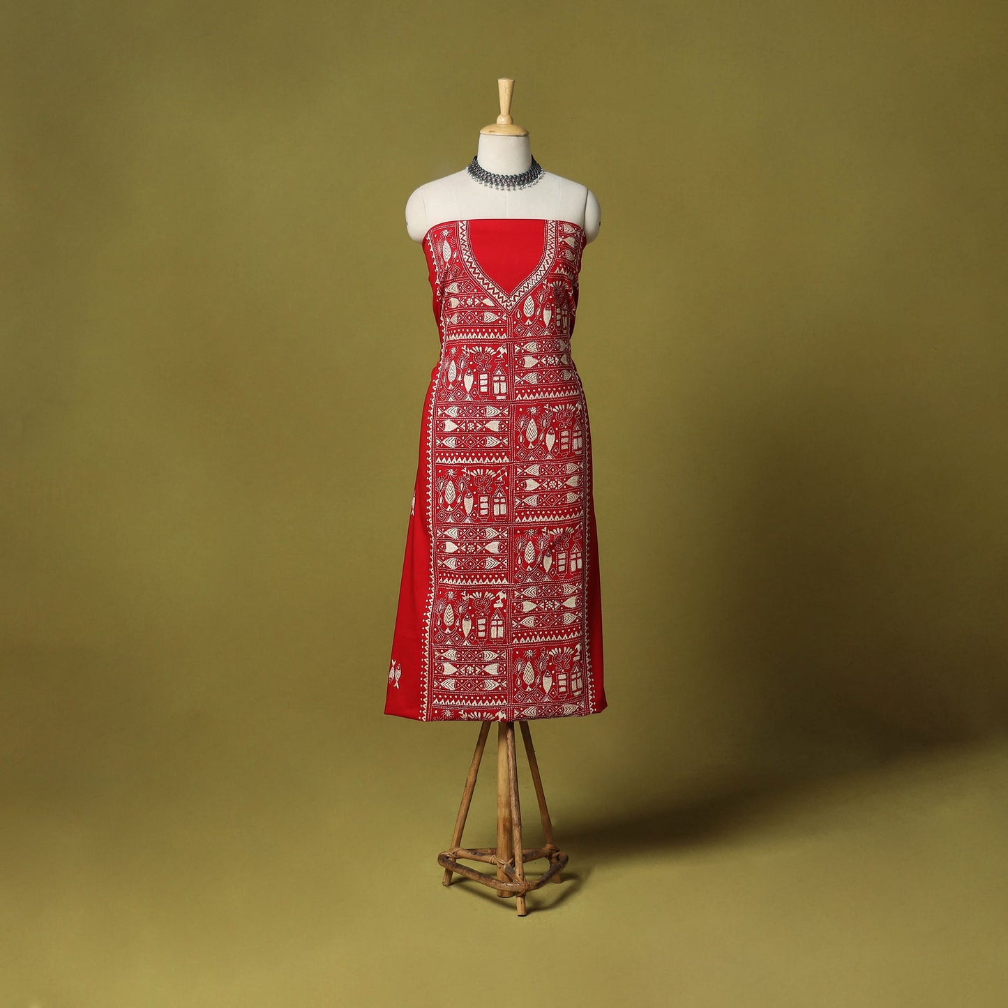 Red - unstitched cotton bengal kantha handwork kurta