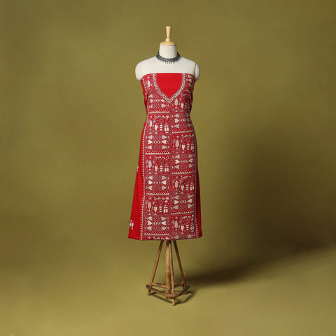 Red - unstitched cotton bengal kantha handwork kurta