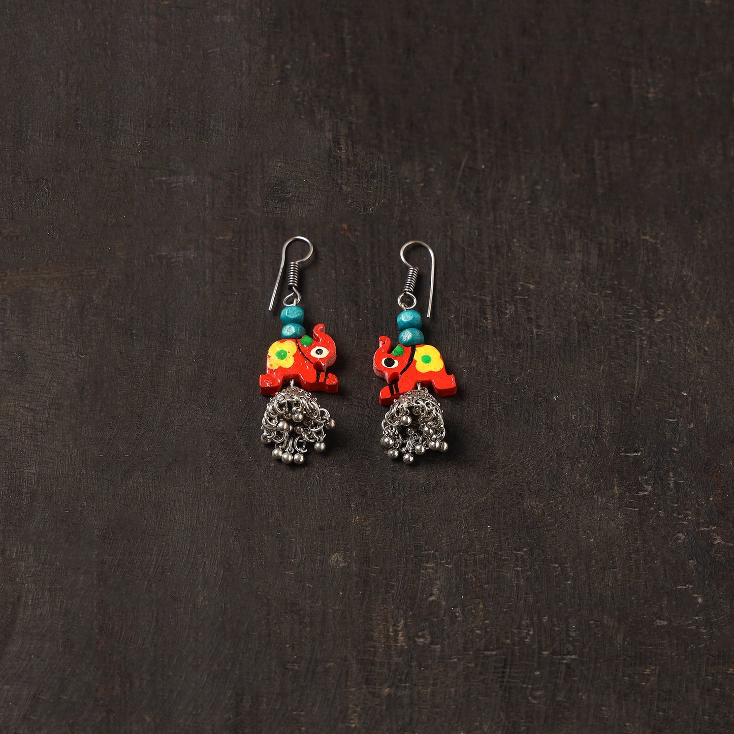 Red - vaani german silver jhumki earrings with wooden