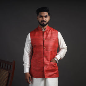 Red Vidarbha Tussar x Ghicha Silk Handloom Nehru Jacket