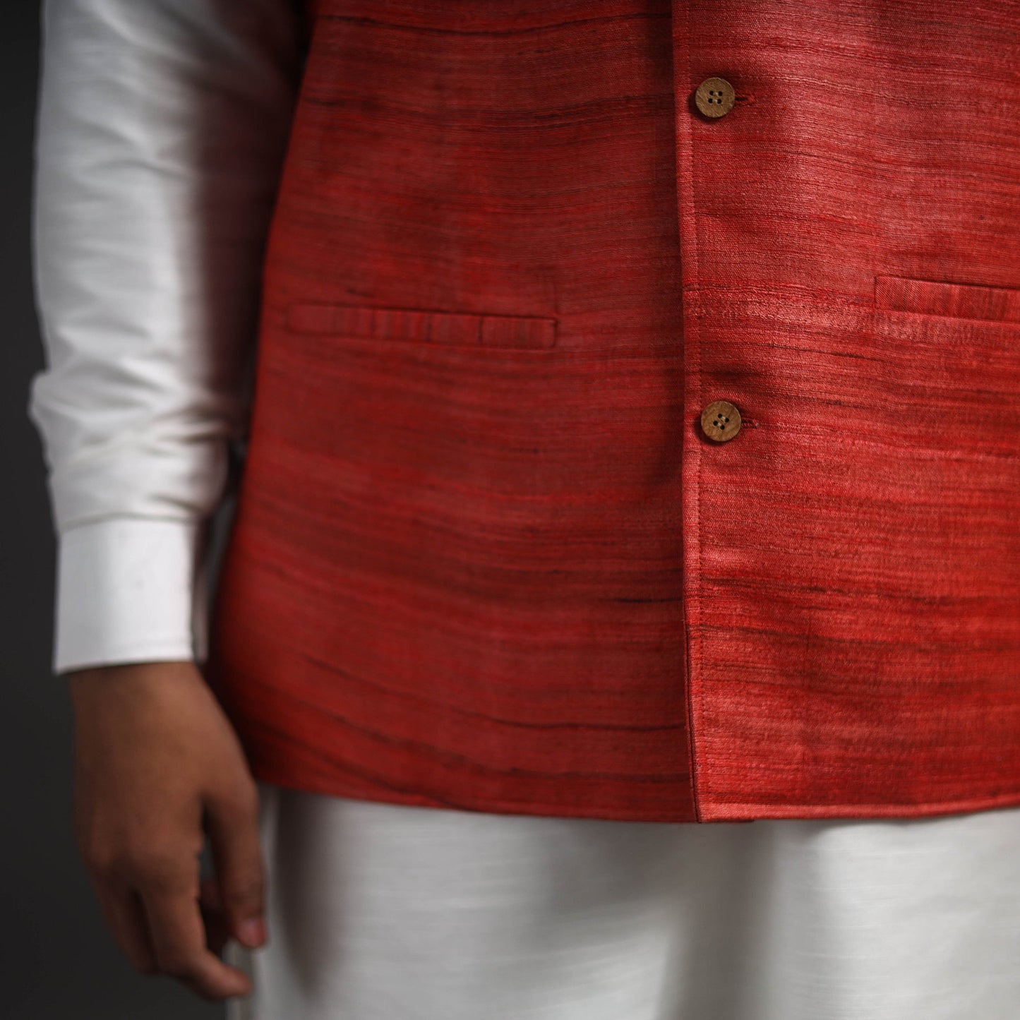 Red Vidarbha Tussar x Ghicha Silk Handloom Nehru Jacket