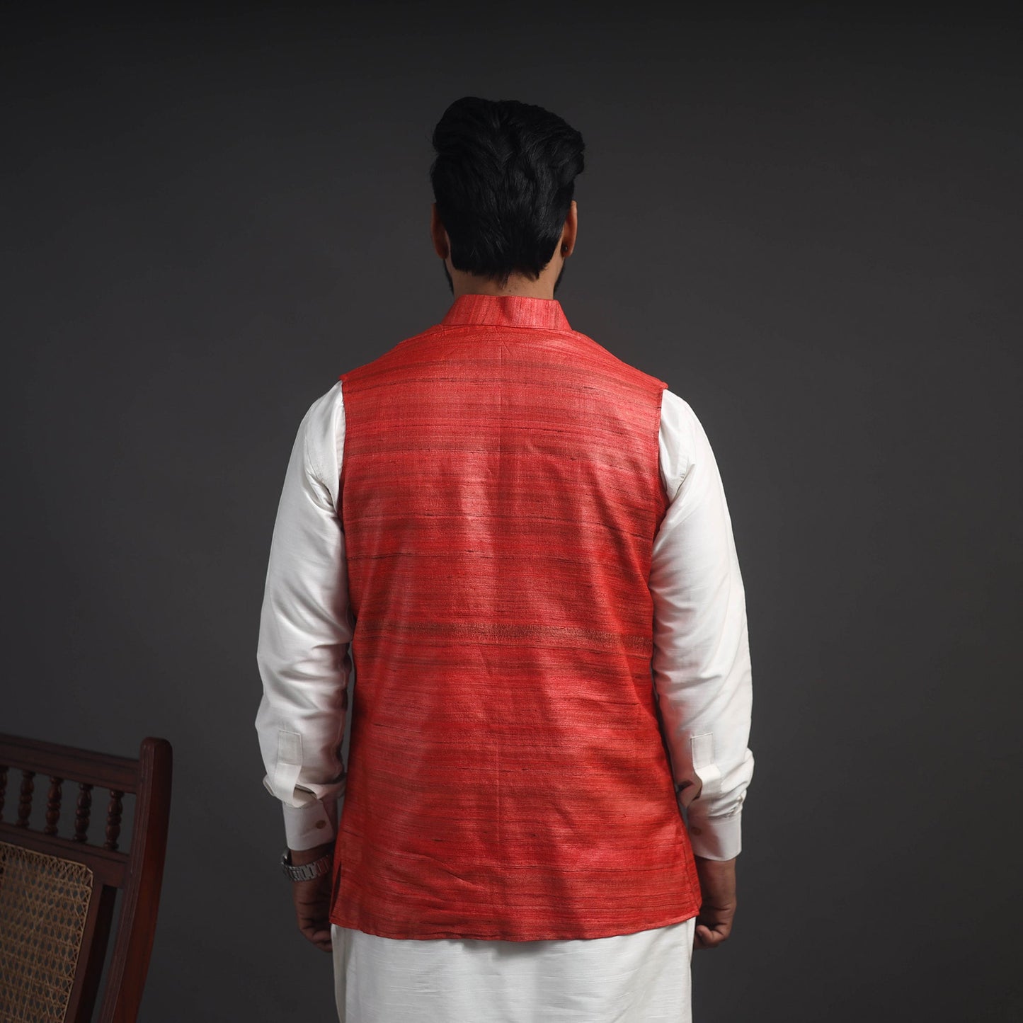 Red Vidarbha Tussar x Ghicha Silk Handloom Nehru Jacket