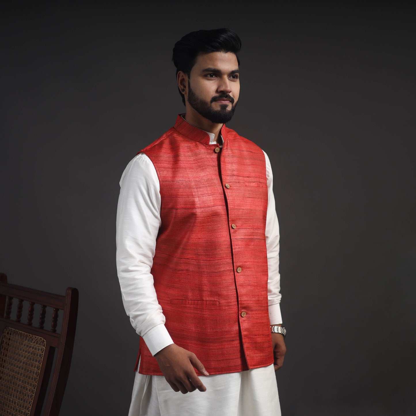 Red Vidarbha Tussar x Ghicha Silk Handloom Nehru Jacket