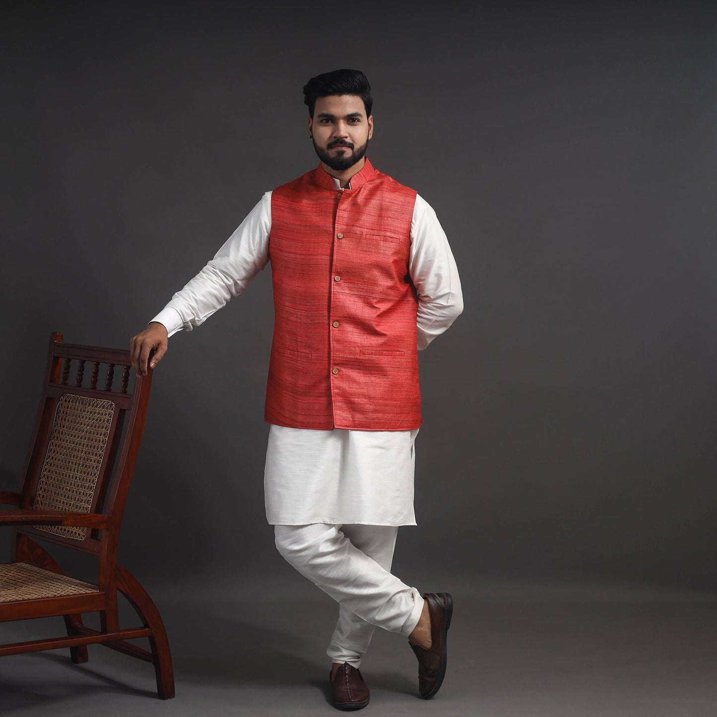 Red Vidarbha Tussar x Ghicha Silk Handloom Nehru Jacket