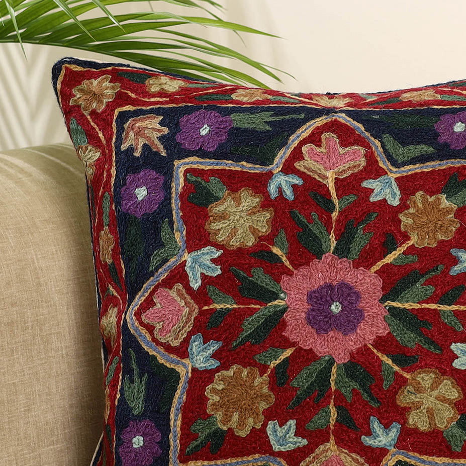 Red Wool Thread Crewel Embroidery Cushion Cover
