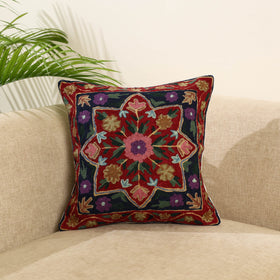 Red Wool Thread Crewel Embroidery Cushion Cover