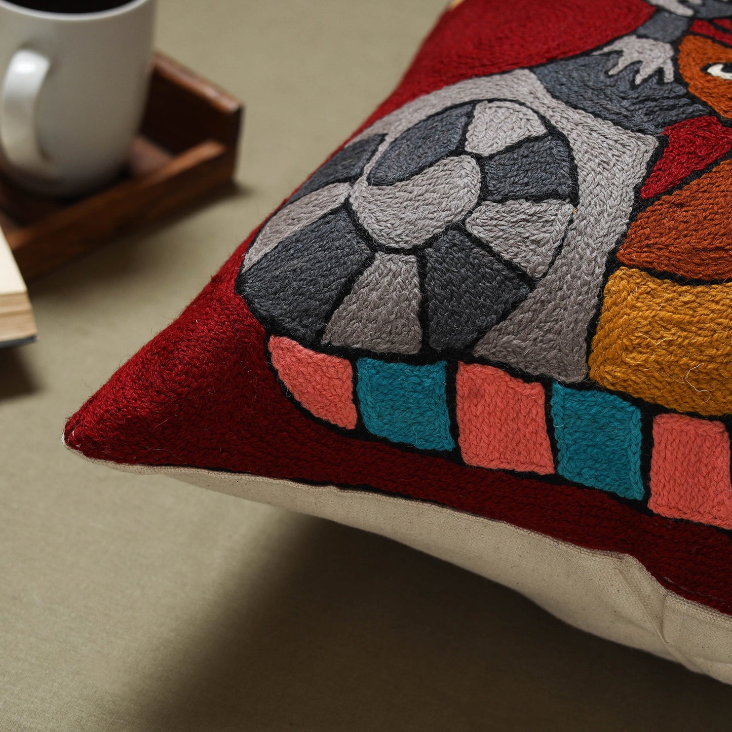 Red - wool thread crewel hand embroidery cushion cover (16