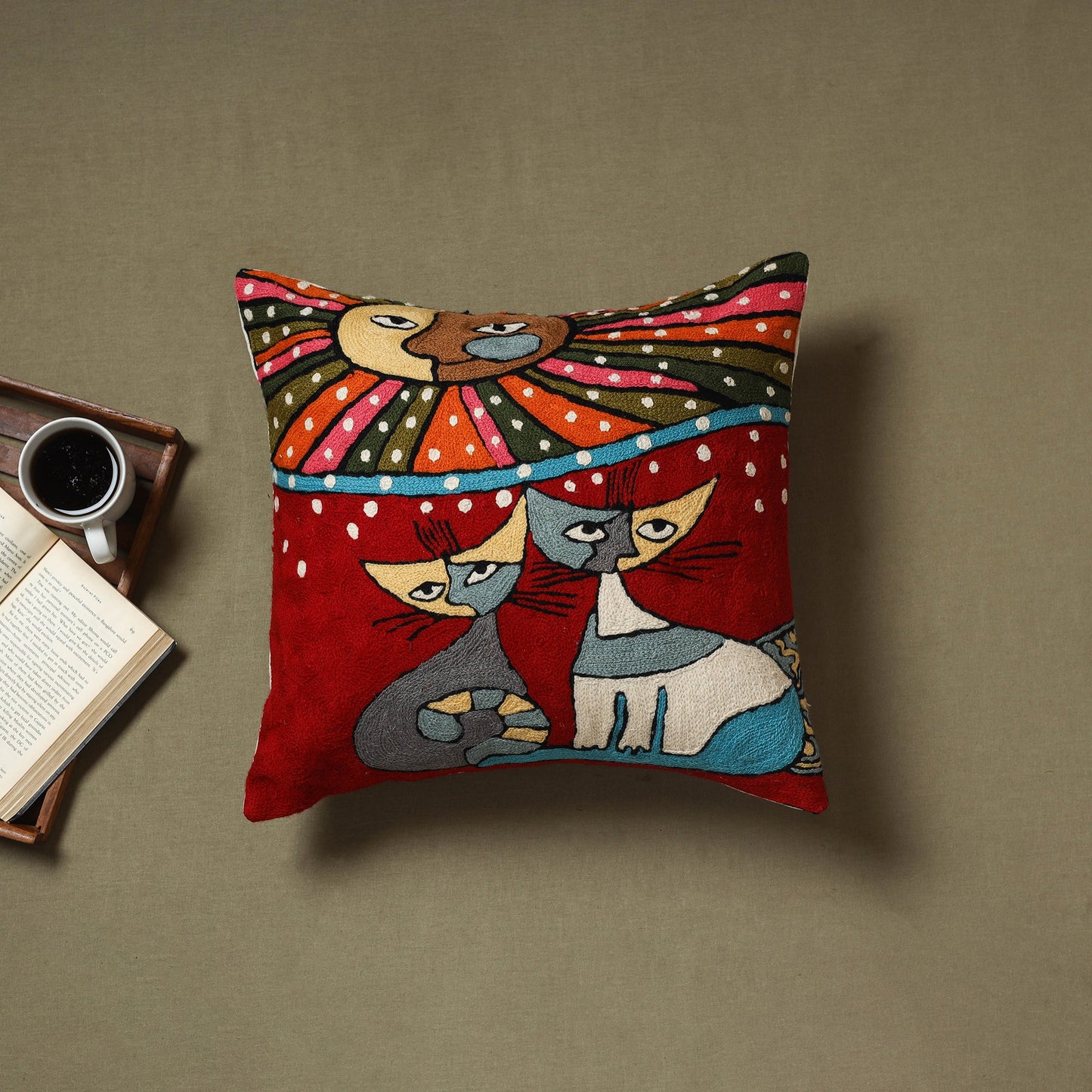 Red - wool thread crewel hand embroidery cushion cover (18