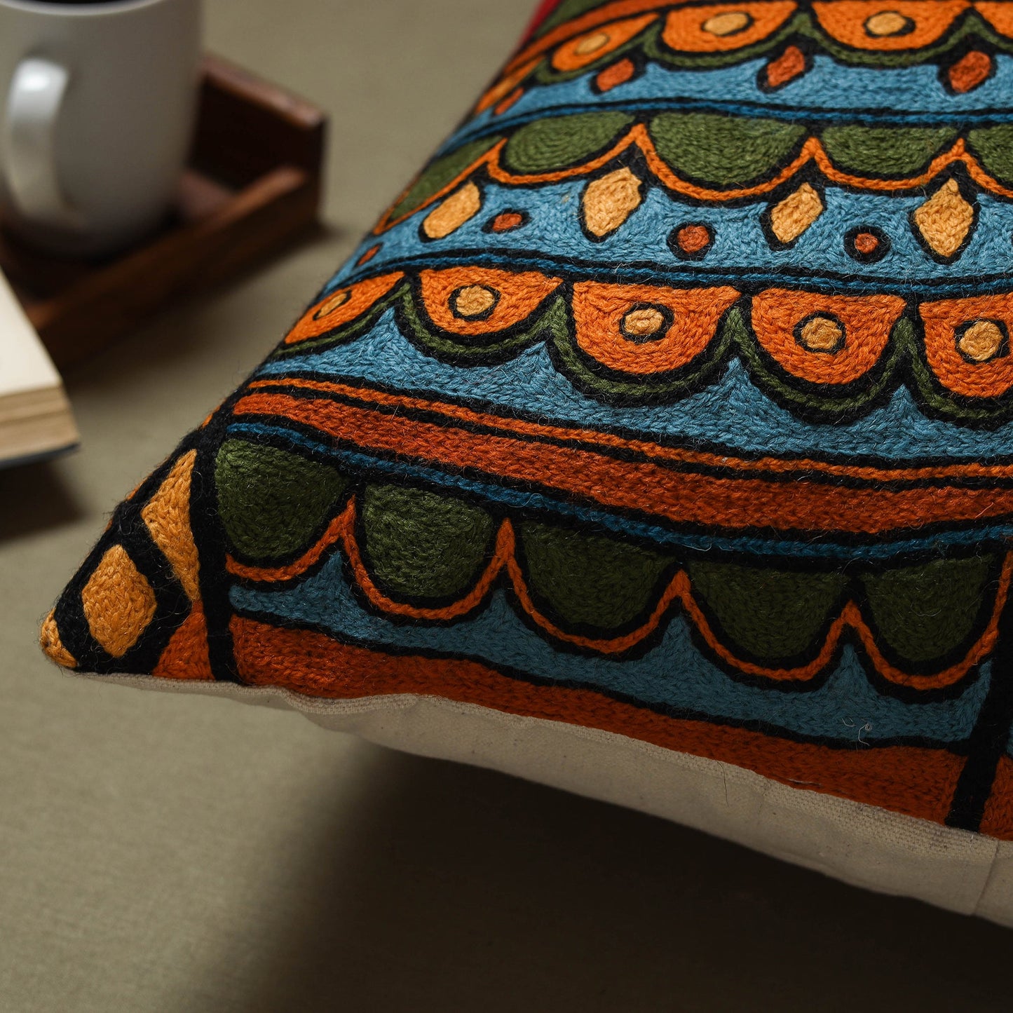 Red - wool thread crewel hand embroidery cushion cover (18