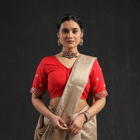 Buy Red Zardozi Hand Embroidery Cotton Blouse Online