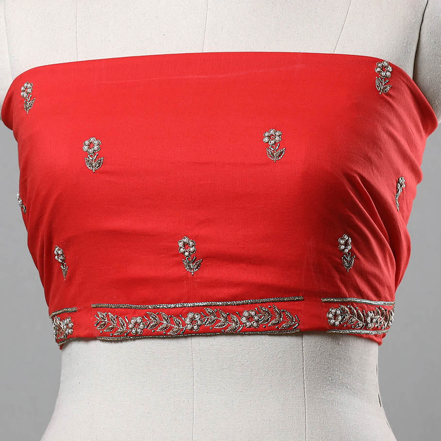 Red - zardozi hand embroidery cotton plain blouse piece 35