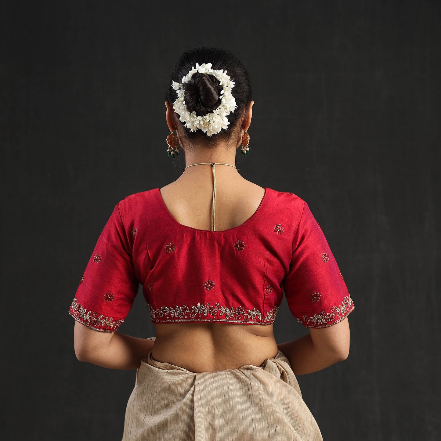 Buy Red Zardozi Hand Embroidery Slub Silk Plain Blouse