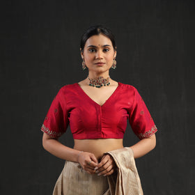 Buy Red Zardozi Hand Embroidery Slub Silk Plain Blouse