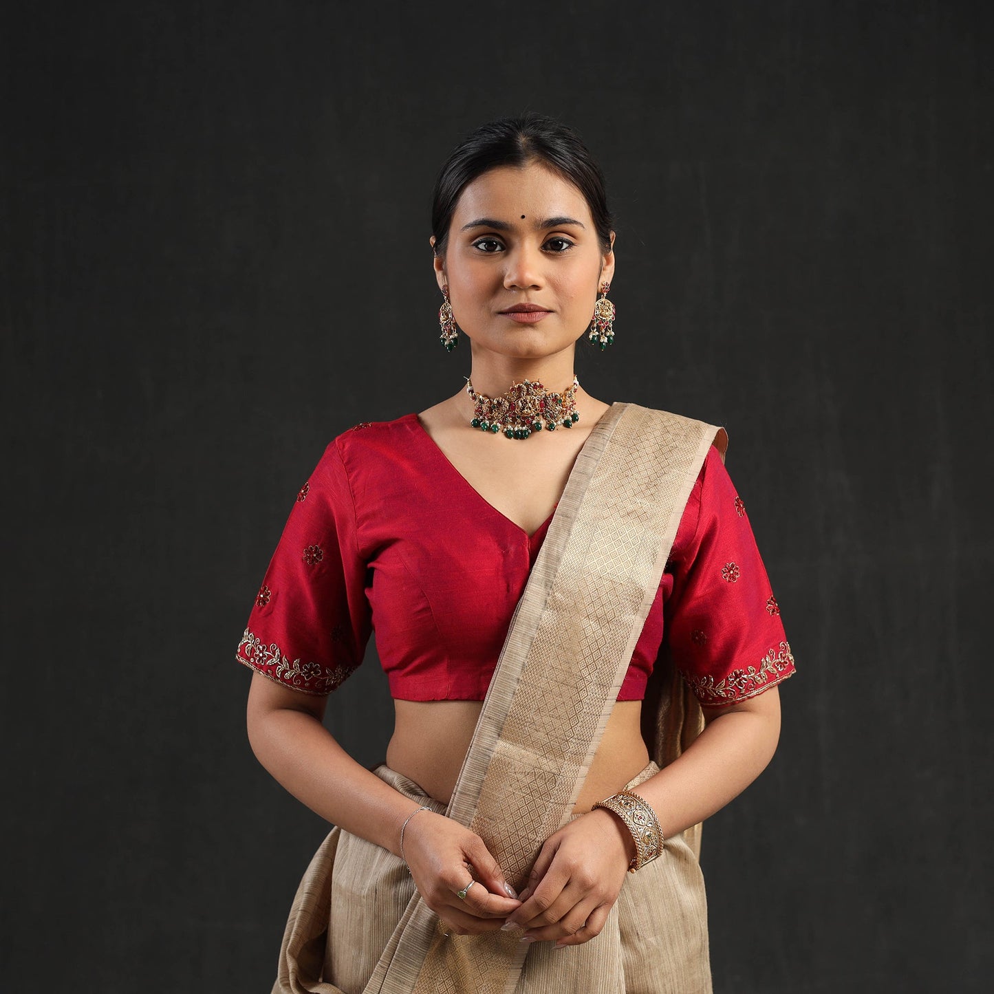 Buy Red Zardozi Hand Embroidery Slub Silk Plain Blouse