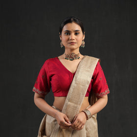 Buy Red Zardozi Hand Embroidery Slub Silk Plain Blouse