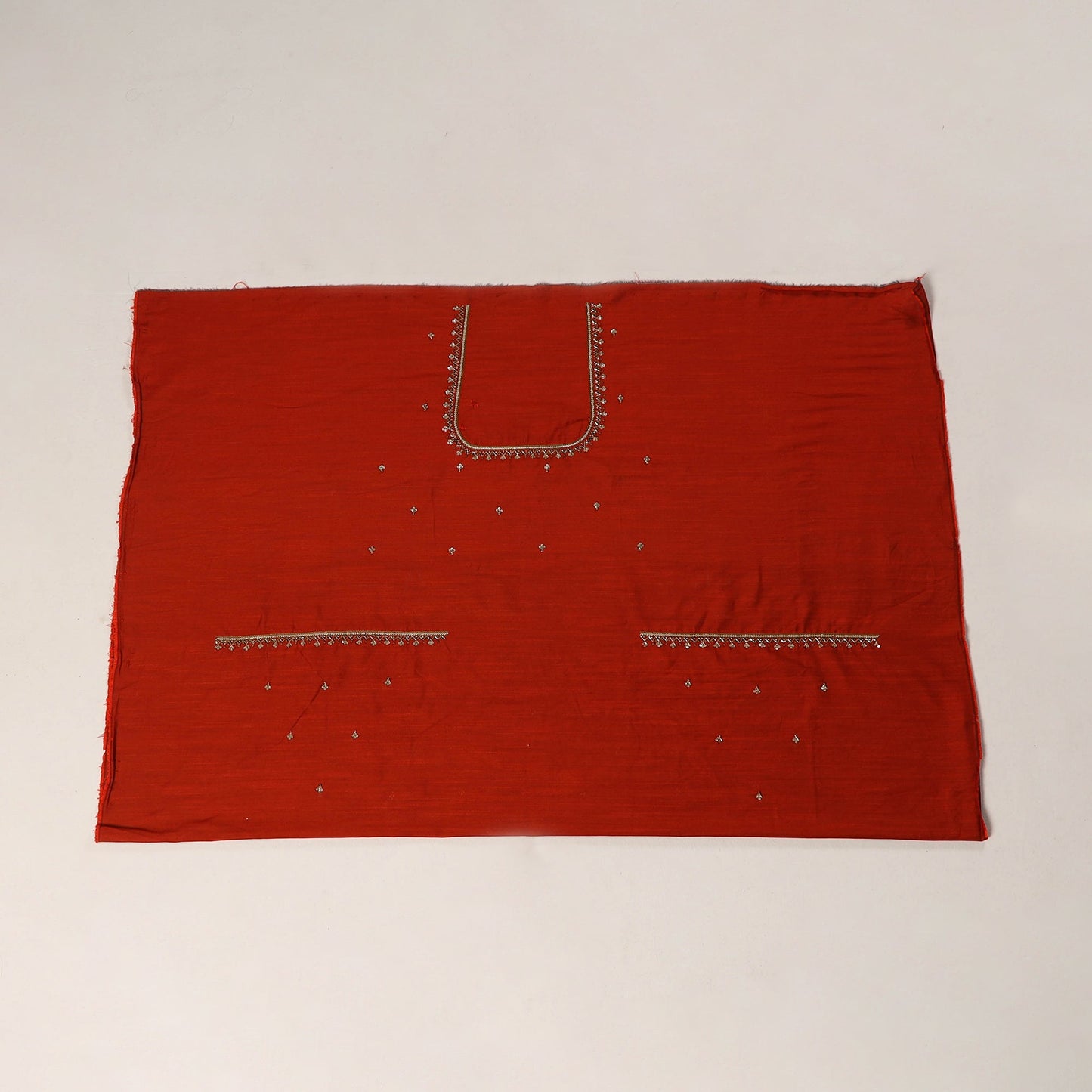 Red - zardozi hand embroidery slub silk plain blouse piece