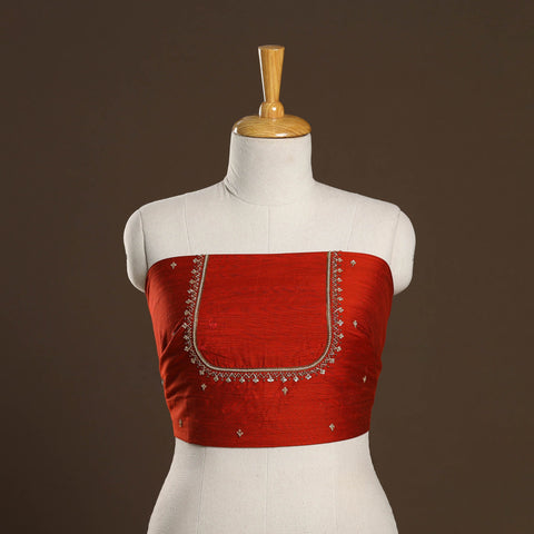 Red - zardozi hand embroidery slub silk plain blouse piece