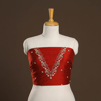 Red - zardozi hand embroidery slub silk plain blouse piece