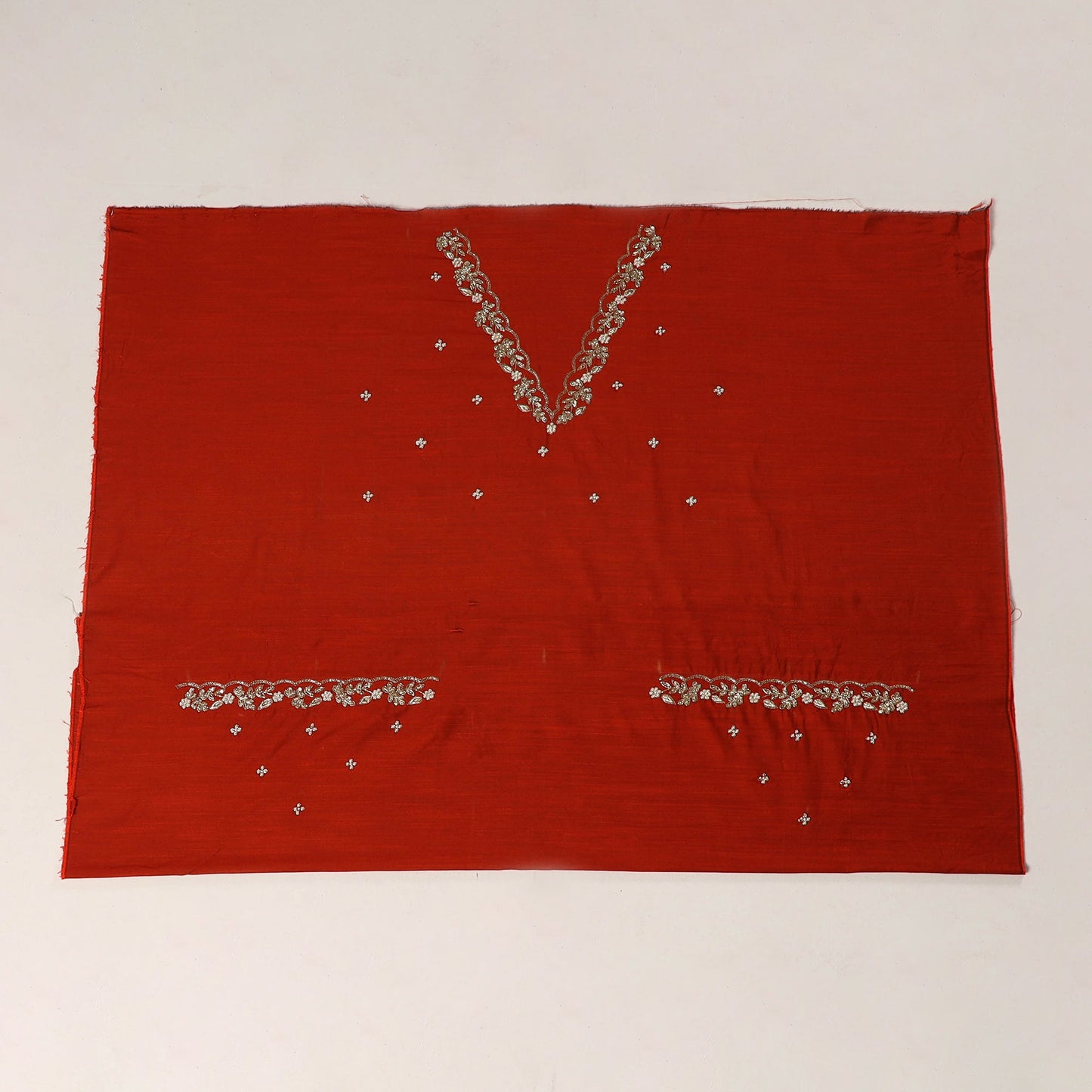 Red - zardozi hand embroidery slub silk plain blouse piece