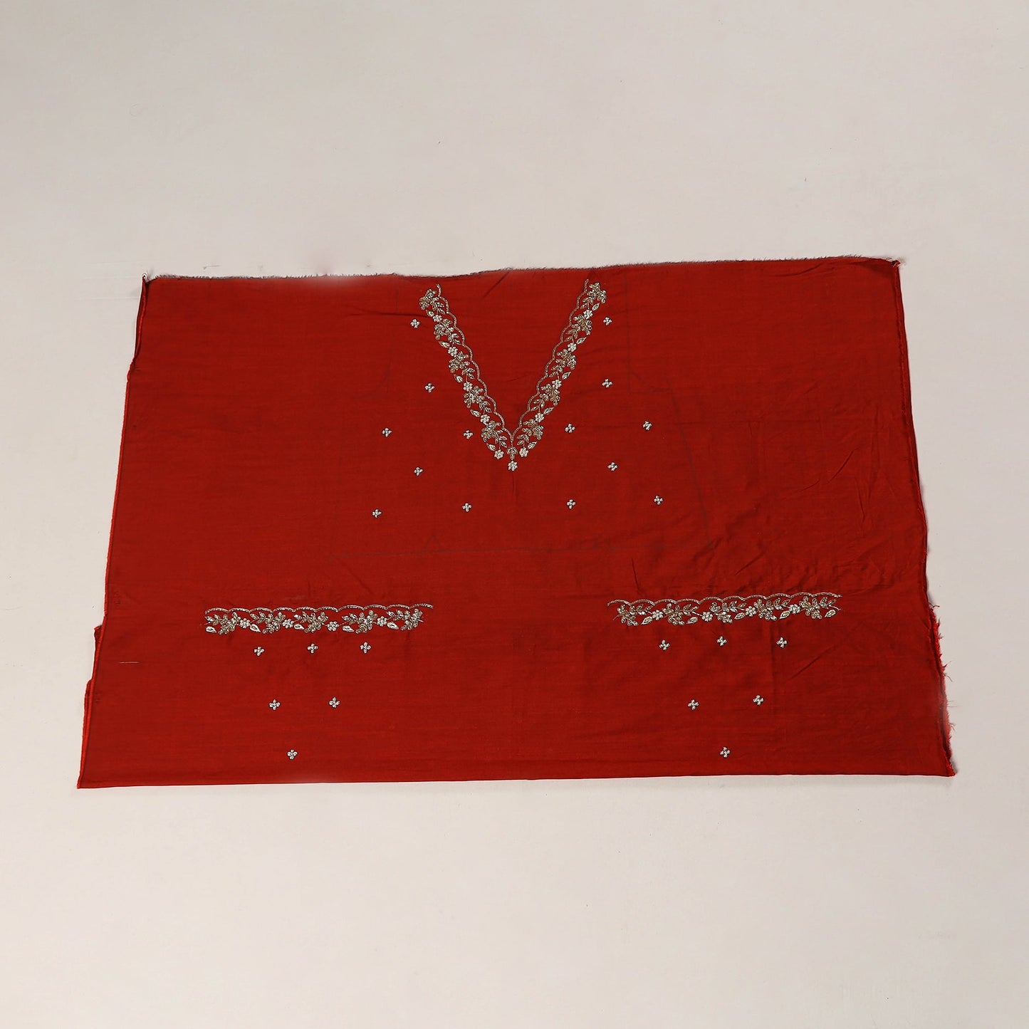 Red - zardozi hand embroidery slub silk plain blouse piece