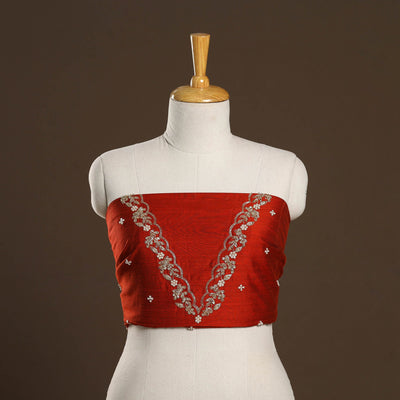 Red - zardozi hand embroidery slub silk plain blouse piece