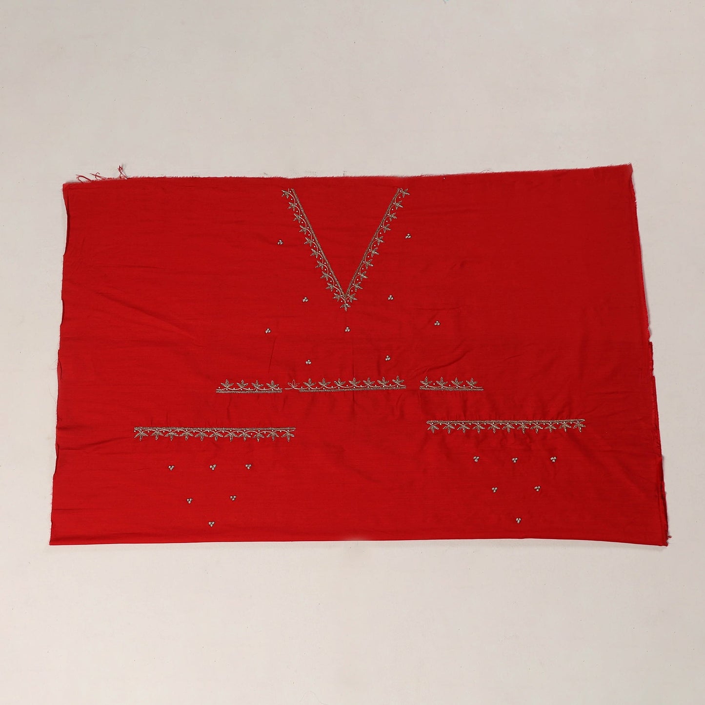 Red - zardozi hand embroidery slub silk plain blouse piece