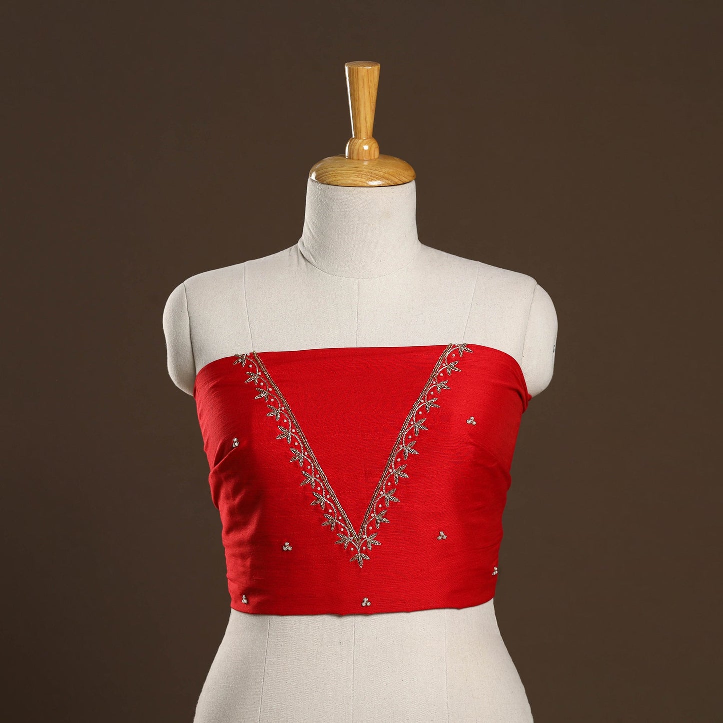 Red - zardozi hand embroidery slub silk plain blouse piece