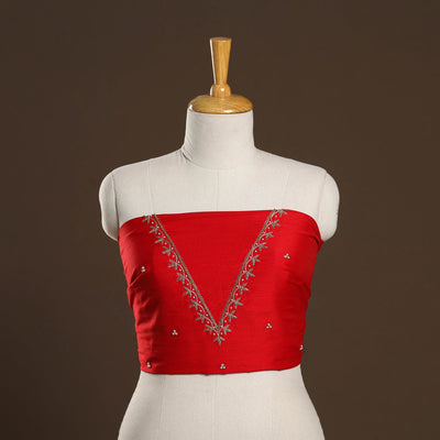 Red - zardozi hand embroidery slub silk plain blouse piece