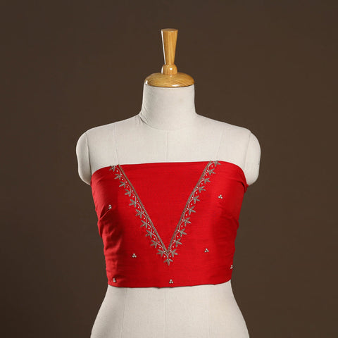 Red - zardozi hand embroidery slub silk plain blouse piece